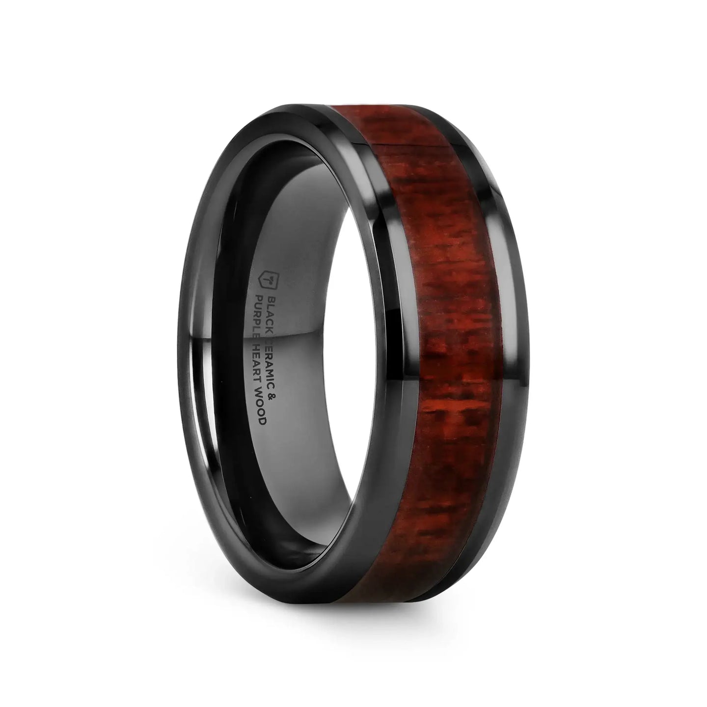MORADO Purple Heart Wood Inlaid Black Ceramic Ring with Beveled Edges - 8mm - Larson Jewelers
