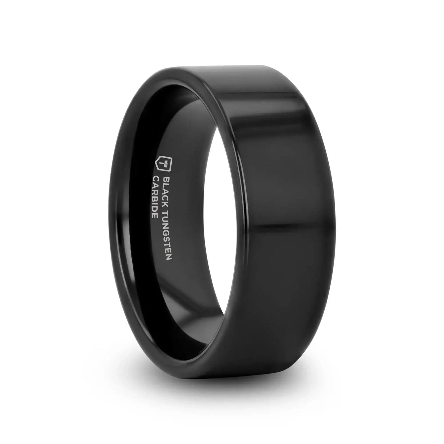 Front view of the MORPHEUS flat black tungsten ring on a white background