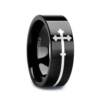 SIDEWAYS CROSS on Black Flat Tungsten Carbide Ring - Larson Jewelers