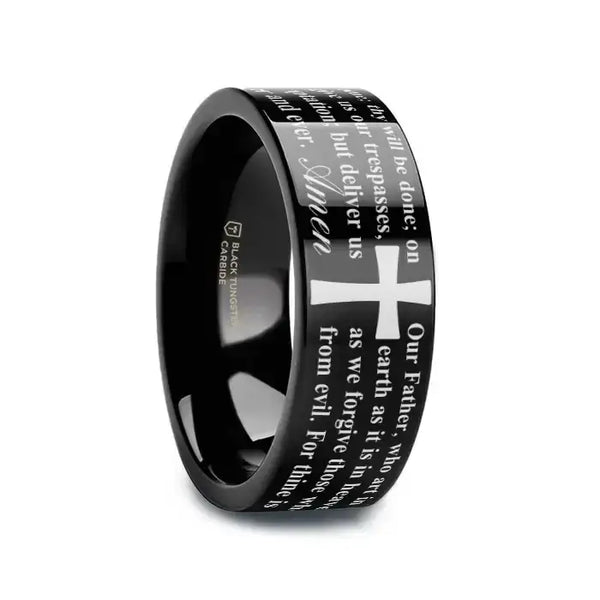 LORD'S PRAYER on Black Flat Tungsten Carbide Ring - Larson Jewelers
