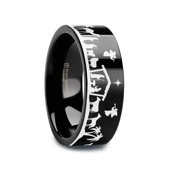 NATIVITY SCENE on Black Flat Tungsten Carbide Ring - Larson Jewelers
