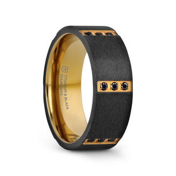 MURAMASA Flat Brushed Black Titanium Ring Gold Plated Inside with 6 Gold Plated Stainless Steel Bezels Triple Black Diamond Setting - 8mm - Larson Jewelers