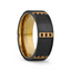 MURAMASA Flat Brushed Black Titanium Ring Gold Plated Inside with 6 Gold Plated Stainless Steel Bezels Triple Black Diamond Setting - 8mm