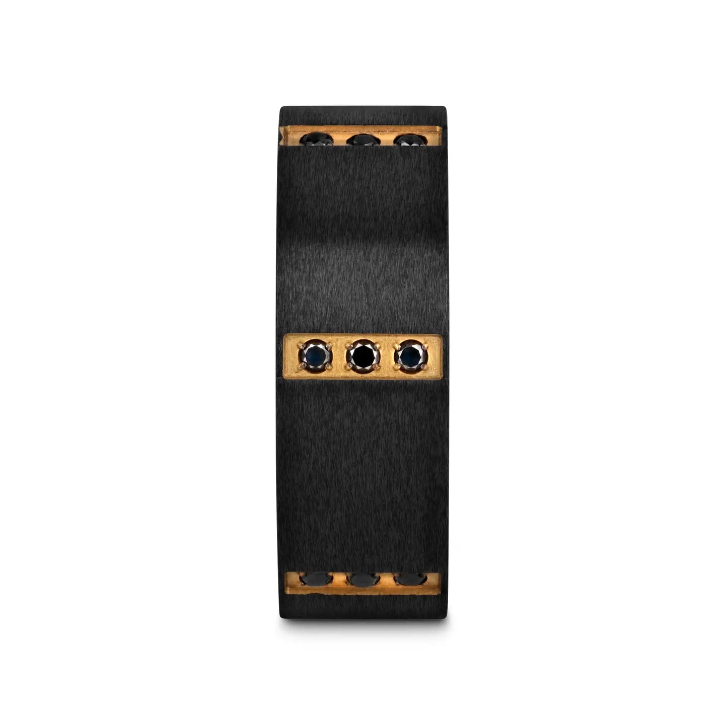 MURAMASA Flat Brushed Black Titanium Ring Gold Plated Inside with 6 Gold Plated Stainless Steel Bezels Triple Black Diamond Setting - 8mm - Larson Jewelers