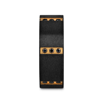 MURAMASA Flat Brushed Black Titanium Ring Gold Plated Inside with 6 Gold Plated Stainless Steel Bezels Triple Black Diamond Setting - 8mm - Larson Jewelers