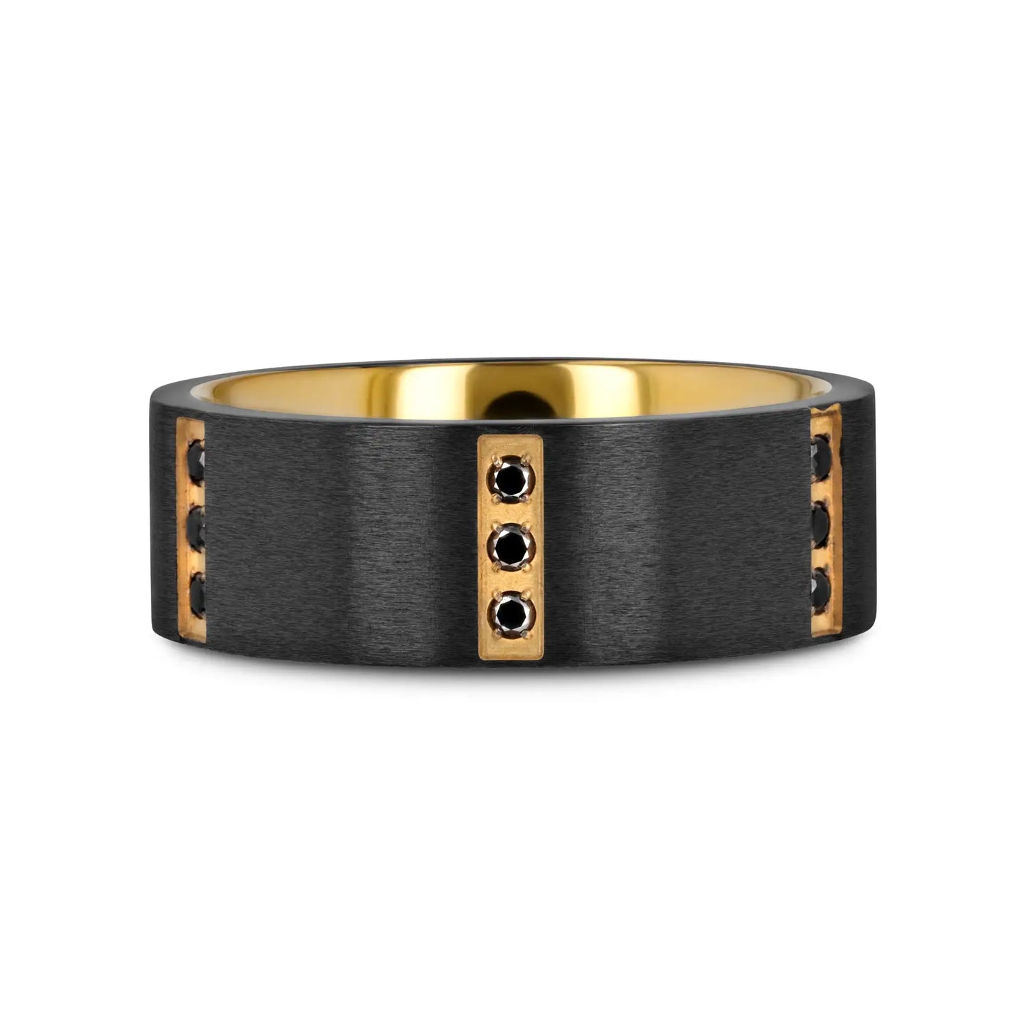 MURAMASA Flat Brushed Black Titanium Ring Gold Plated Inside with 6 Gold Plated Stainless Steel Bezels Triple Black Diamond Setting - 8mm - Larson Jewelers