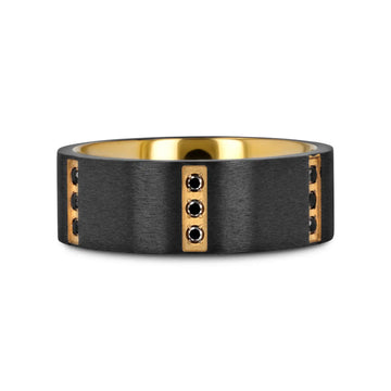 MURAMASA Flat Brushed Black Titanium Ring Gold Plated Inside with 6 Gold Plated Stainless Steel Bezels Triple Black Diamond Setting - 8mm - Larson Jewelers