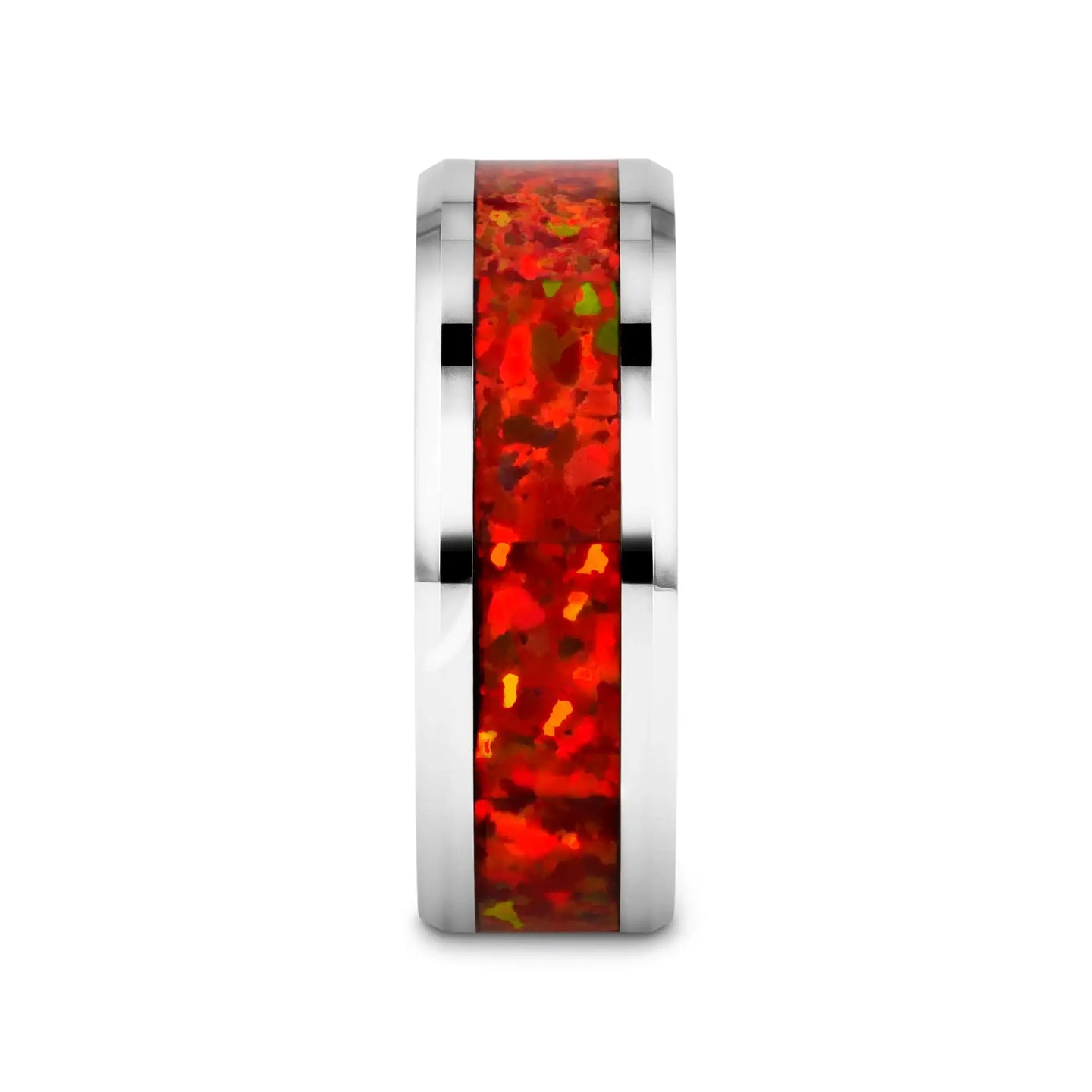 NEBULA Tungsten Wedding Band with Beveled Edges and Red Opal Inlay - 4mm - 8mm - Larson Jewelers