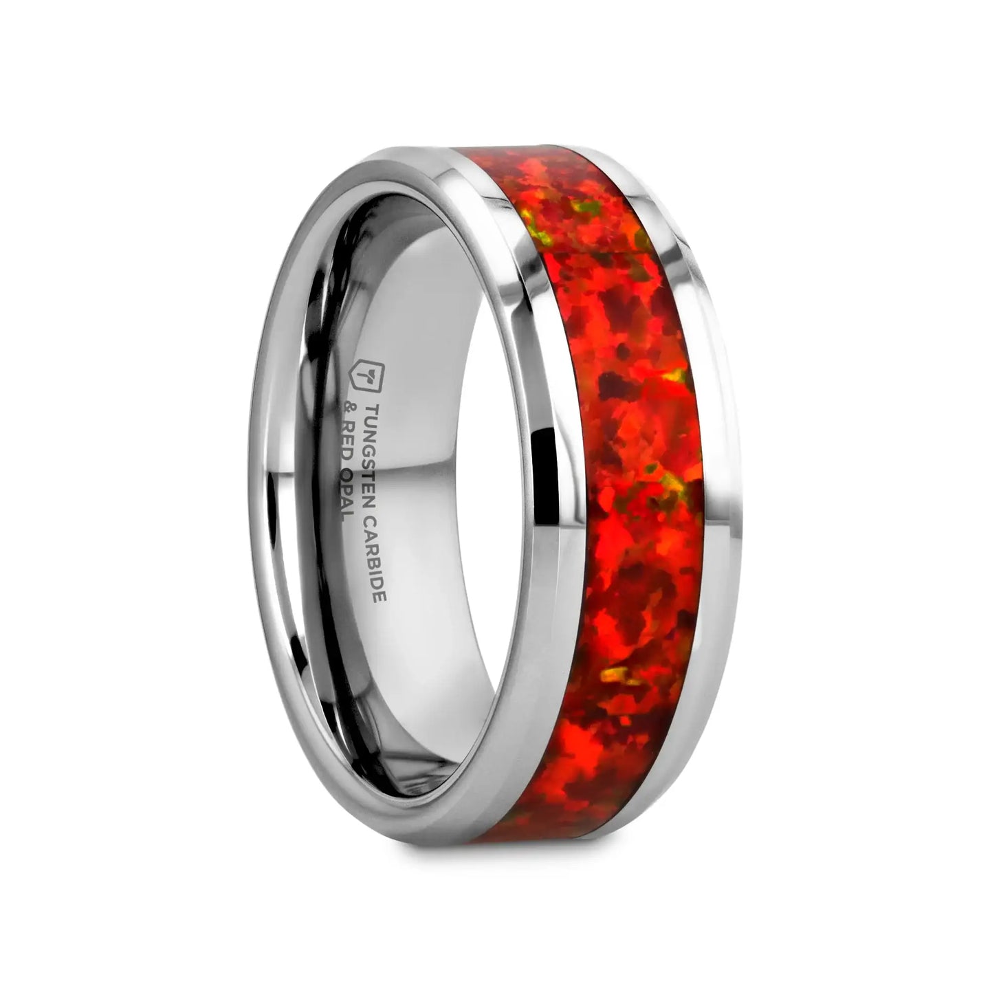 NEBULA Tungsten Wedding Band with Beveled Edges and Red Opal Inlay - 4mm - 8mm - Larson Jewelers