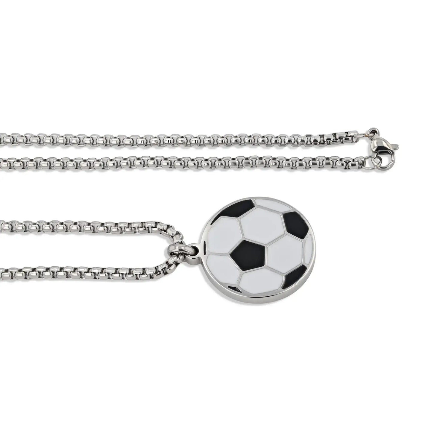 Stainless steel chain with round soccer ball enamel pendant laid flat showing lobster clasp.