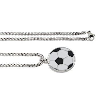 Stainless steel chain with round soccer ball enamel pendant laid flat showing lobster clasp.
