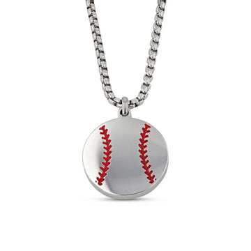 Close-up front view of a stainless steel round baseball pendant with red stitching detail on a matching silver-tone chain.