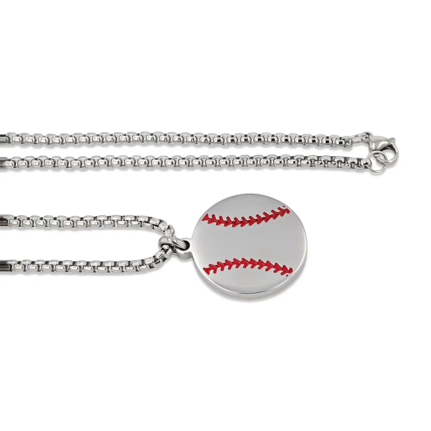 Stainless steel baseball pendant with red stitching laid beside its matching chain showing the clasp and chain style.