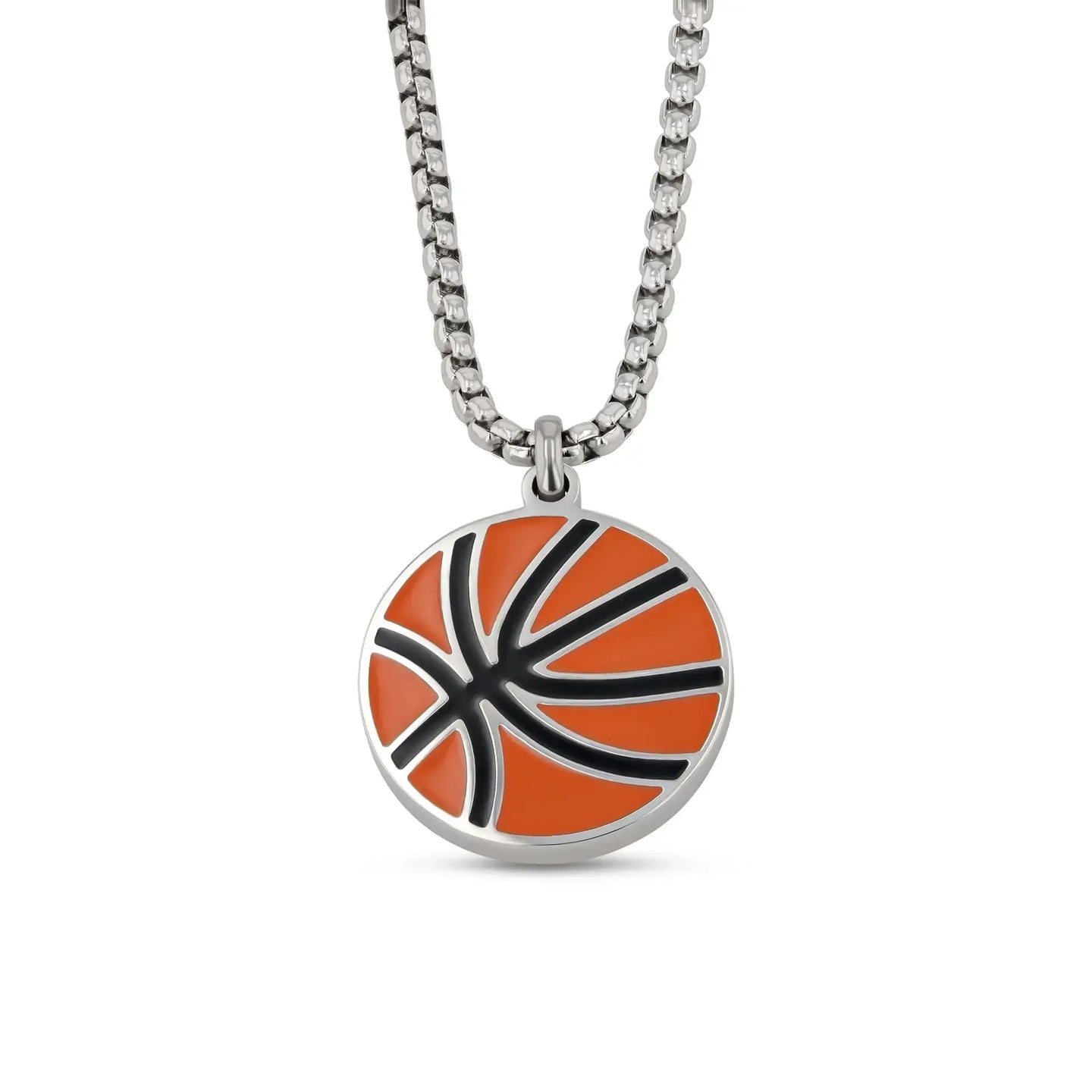 Close-up of a stainless steel necklace featuring a round orange-and-black basketball pendant on a box-style chain.
