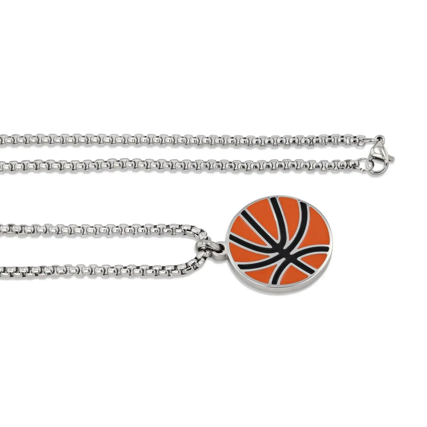 Stainless steel basketball pendant necklace laid flat, showing the round pendant and lobster-clasp chain.