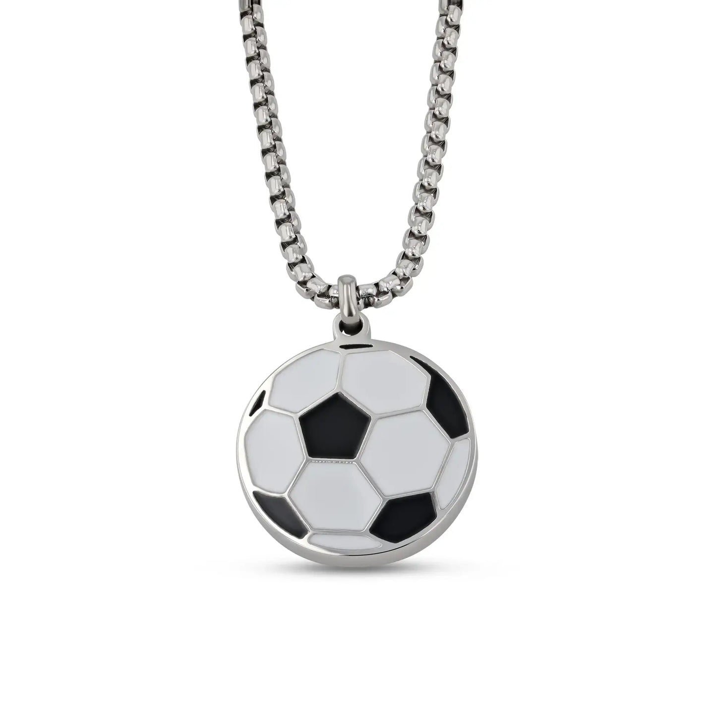 Close-up of a stainless steel necklace with a round soccer ball pendant featuring black and white enamel panels.