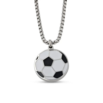 Close-up of a stainless steel necklace with a round soccer ball pendant featuring black and white enamel panels.