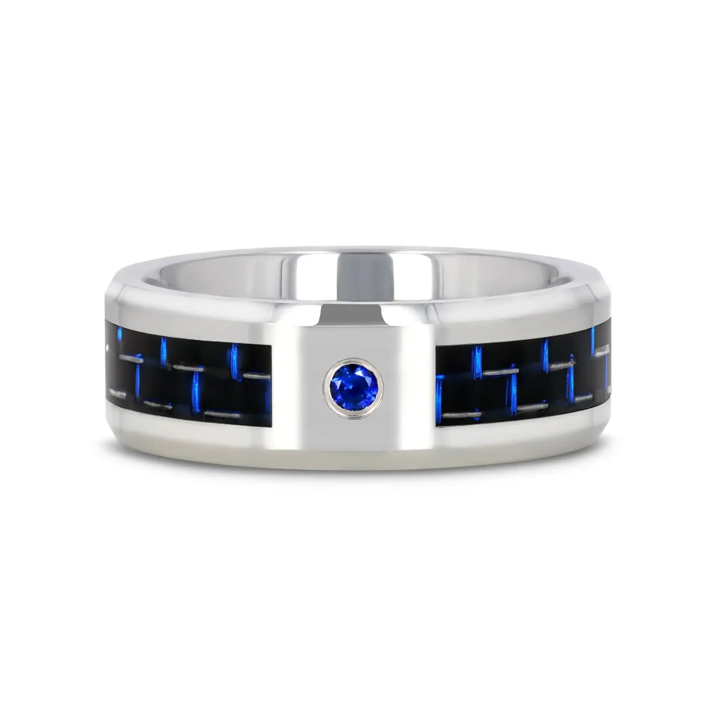 NEPTUNE Tungsten Carbide Ring with Black and Blue Carbon Fiber and Blue Sapphire Setting with Bevels - 8mm - Larson Jewelers