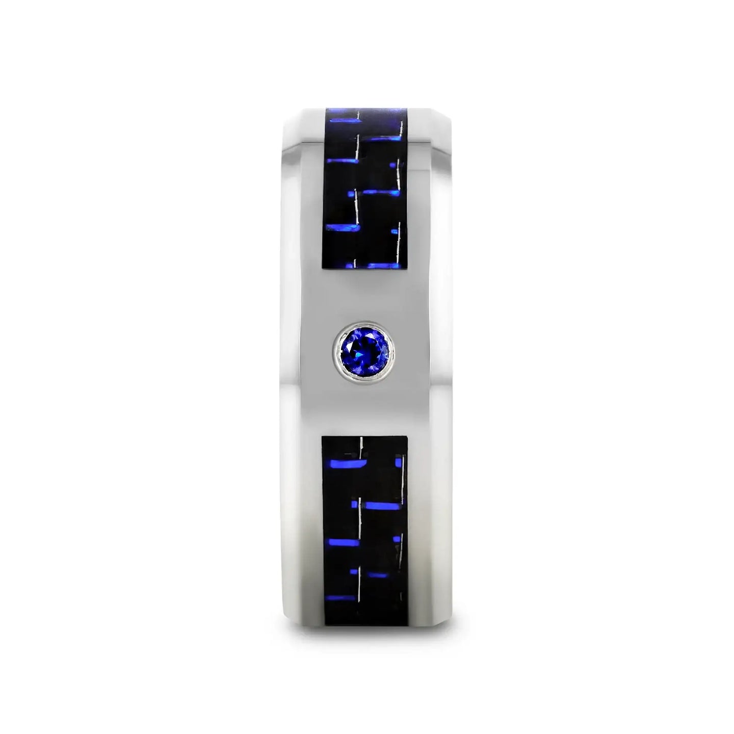 NEPTUNE Tungsten Carbide Ring with Black and Blue Carbon Fiber and Blue Sapphire Setting with Bevels - 8mm - Larson Jewelers