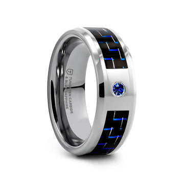 NEPTUNE Tungsten Carbide Ring with Black and Blue Carbon Fiber and Blue Sapphire Setting with Bevels - 8mm - Larson Jewelers