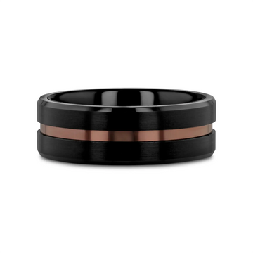 Black tungsten wedding band with brushed finish and rose gold center groove.