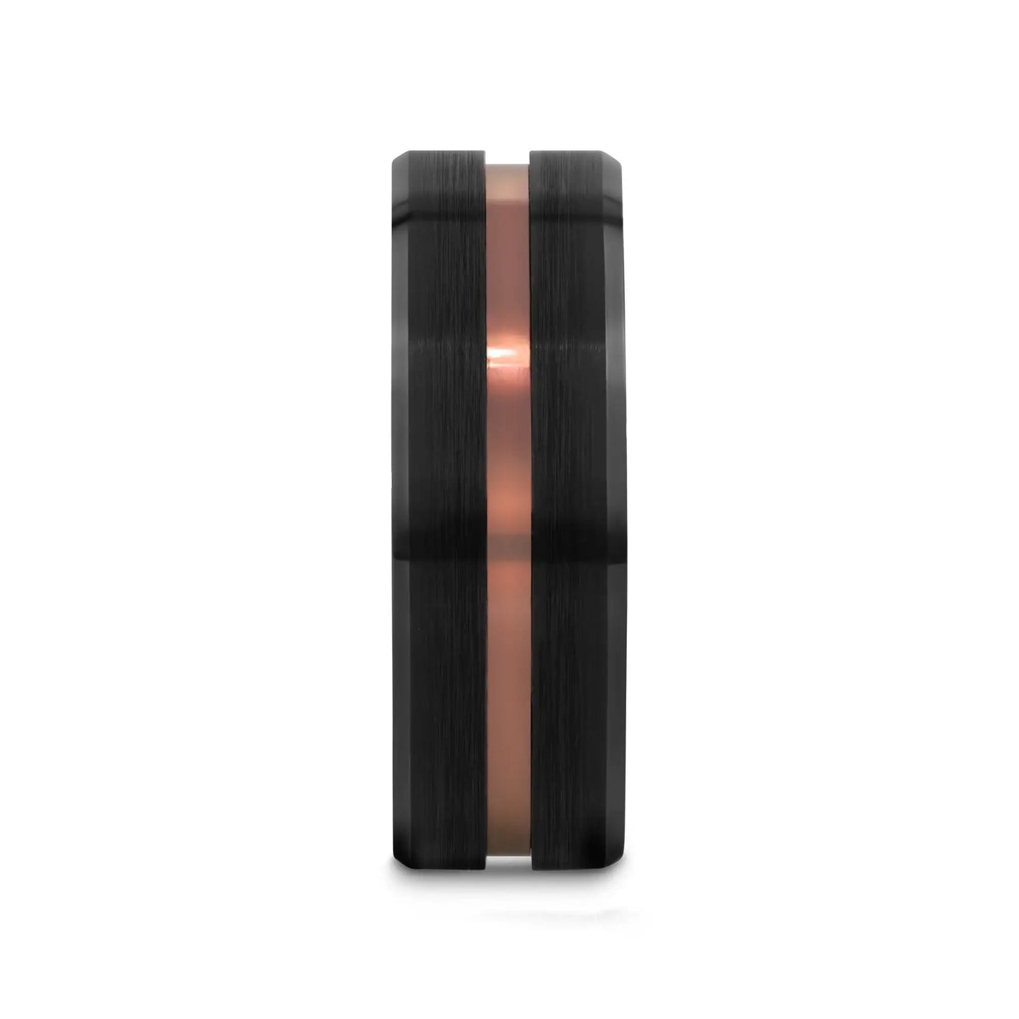 Black brushed tungsten wedding band with copper-colored groove running down the center.
