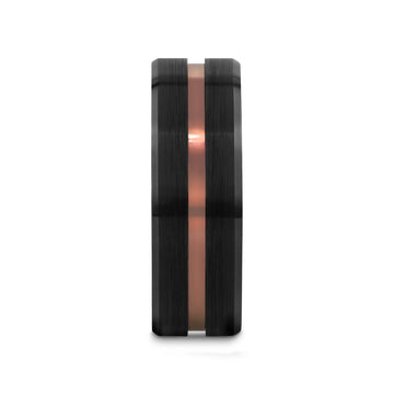 Black brushed tungsten wedding band with copper-colored groove running down the center.