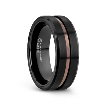 Black tungsten carbide wedding band with flat brushed finish and rose gold-tone center groove.