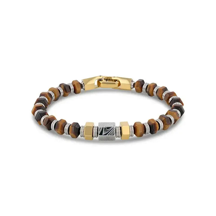 Hexagonal Tiger Eye Stone and Damascus Steel Bead Bracelet With Stainless Steel - 9 Inch - Larson Jewelers