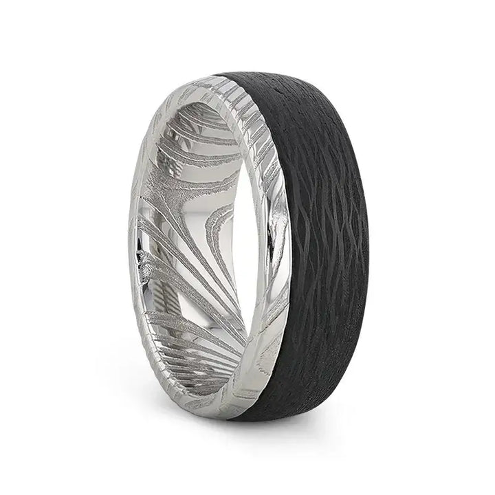 Angled view of an 8mm Damascus steel ring with polished silver-tone interior and an exterior wavy black carbon fiber inlay