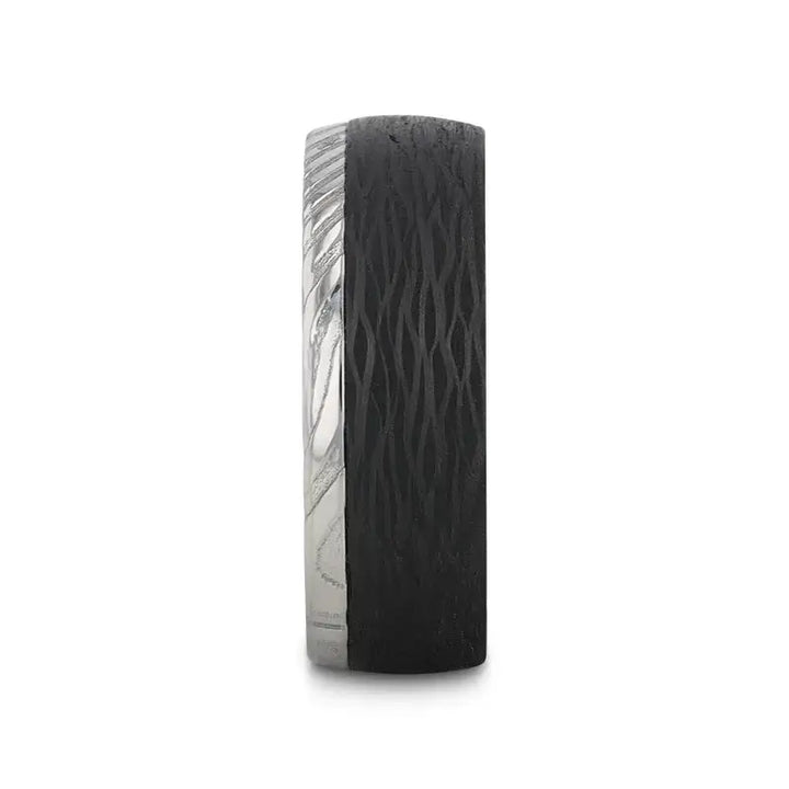 Side profile of the 8mm ring showing the split design with Damascus steel on one side and textured black carbon fiber on the other