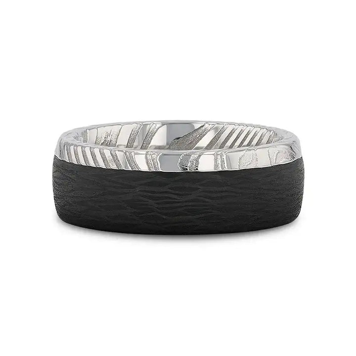 Top-down view of the ring highlighting the polished Damascus steel edges and matte wavy carbon fiber exterior