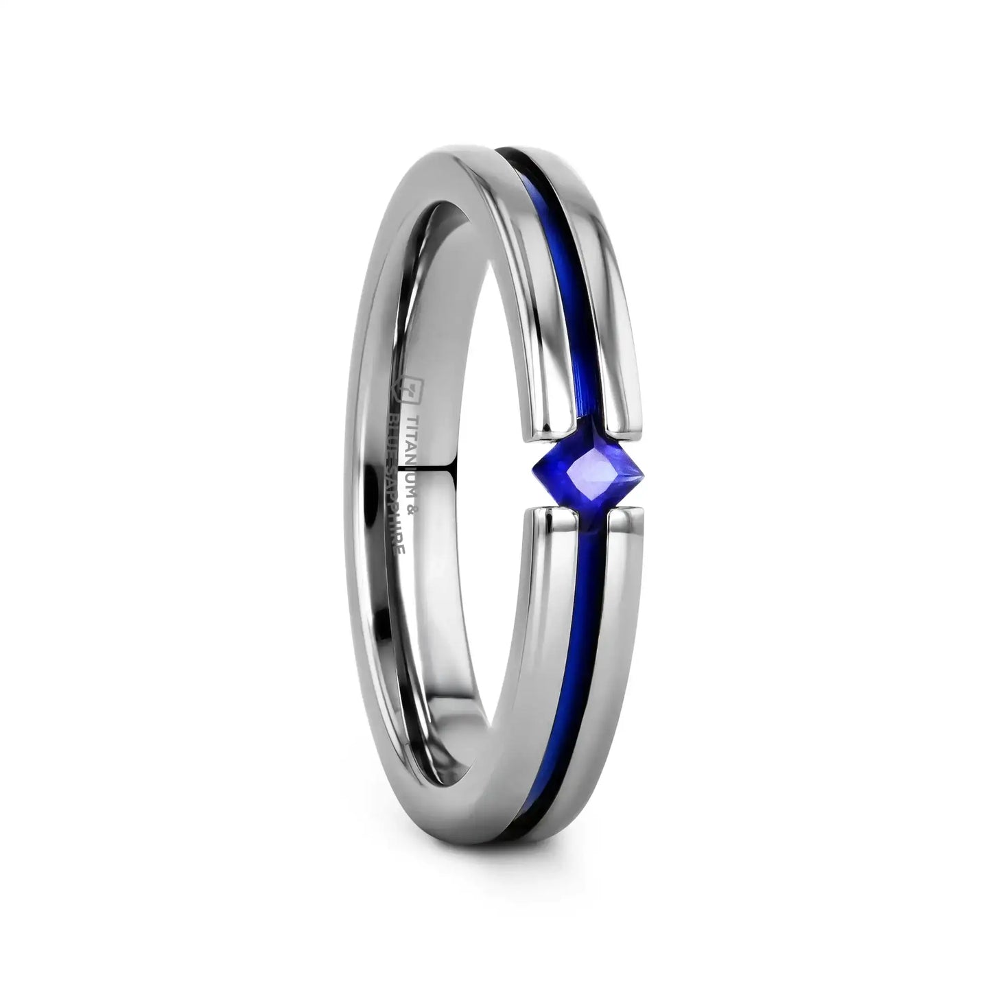 NYMERIA Tension Set Blue Sapphire Titanium Band with Blue Stripe - 4mm - Larson Jewelers