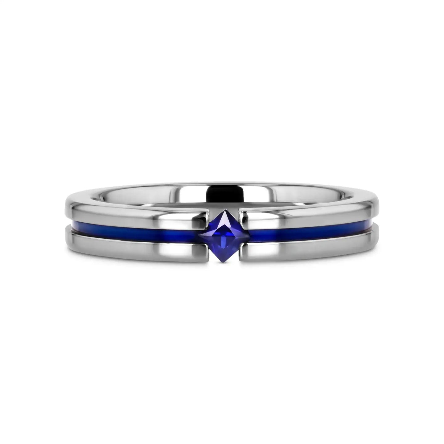 NYMERIA Tension Set Blue Sapphire Titanium Band with Blue Stripe - 4mm - Larson Jewelers