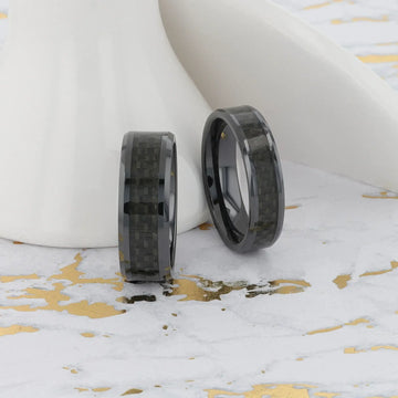 ONYX Black Carbon Fiber Inlaid Black Ceramic Wedding Band - 4mm - 12mm - Larson Jewelers