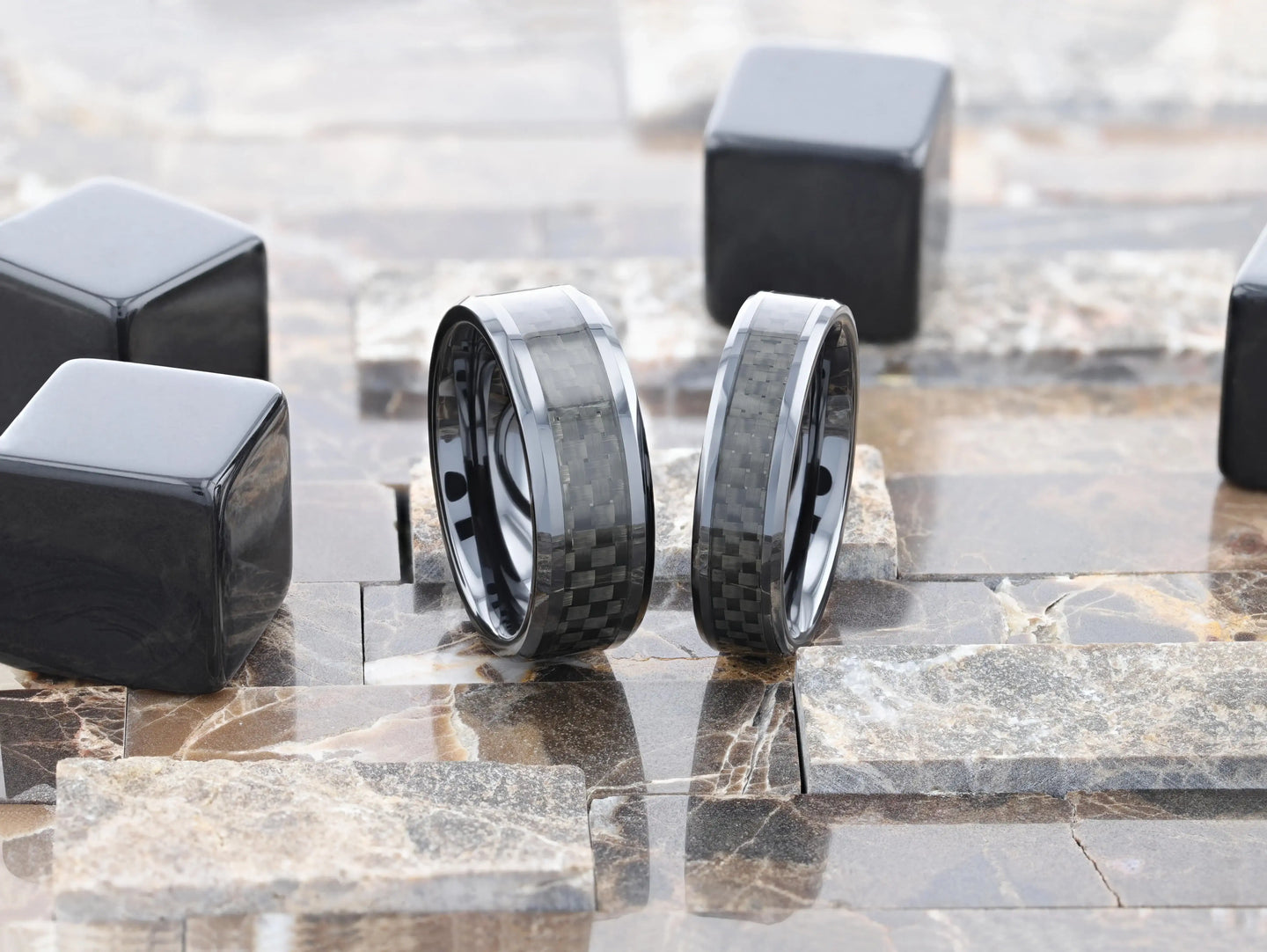 ONYX Black Carbon Fiber Inlaid Black Ceramic Wedding Band - 4mm - 12mm - Larson Jewelers
