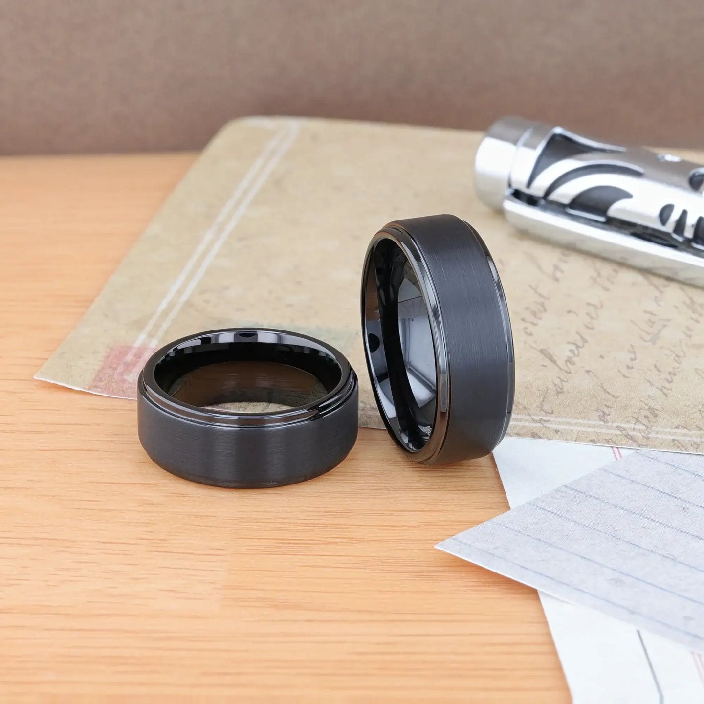 ORION Flat Black Tungsten Ring with Brushed Raised Center & Polished Step Edges - 6mm - 8mm - Larson Jewelers