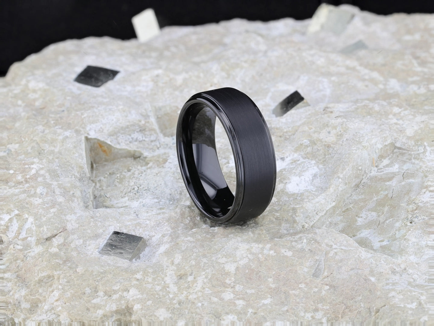 ORION Flat Black Tungsten Ring with Brushed Raised Center & Polished Step Edges - 6mm - 8mm - Larson Jewelers