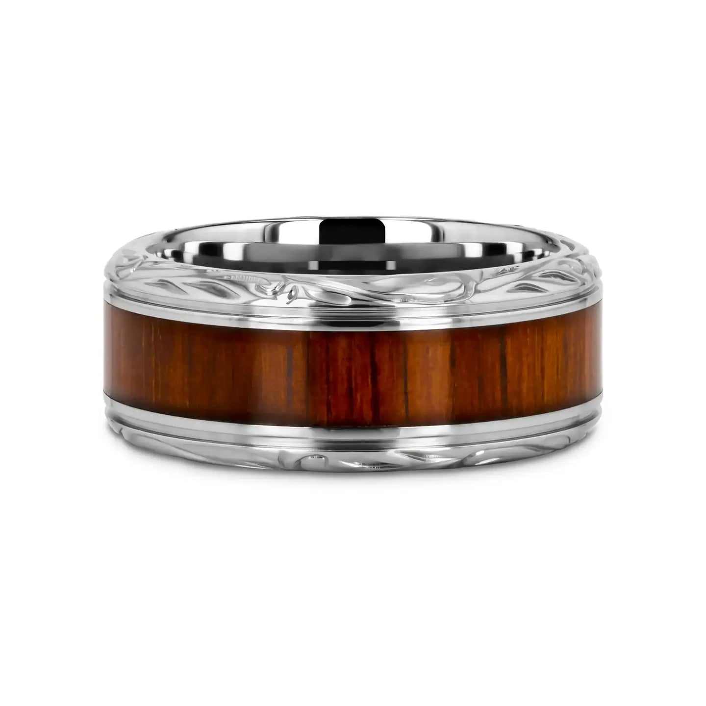 OHANA Koa Wood Inlaid Titanium Men’s Wedding Ring with Intricate Edges - 6mm - 10mm - Larson Jewelers