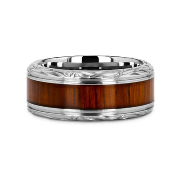 OHANA Koa Wood Inlaid Titanium Men’s Wedding Ring with Intricate Edges - 6mm - 10mm - Larson Jewelers