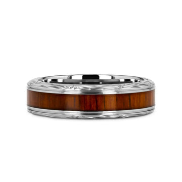 OHANA Koa Wood Inlaid Titanium Men’s Wedding Ring with Intricate Edges - 6mm - 10mm - Larson Jewelers