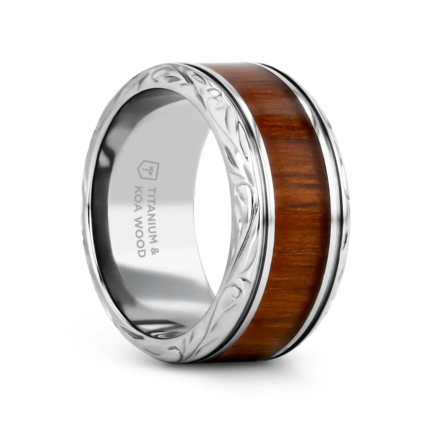 OHANA Koa Wood Inlaid Titanium Men’s Wedding Ring with Intricate Edges - 6mm - 10mm - Larson Jewelers