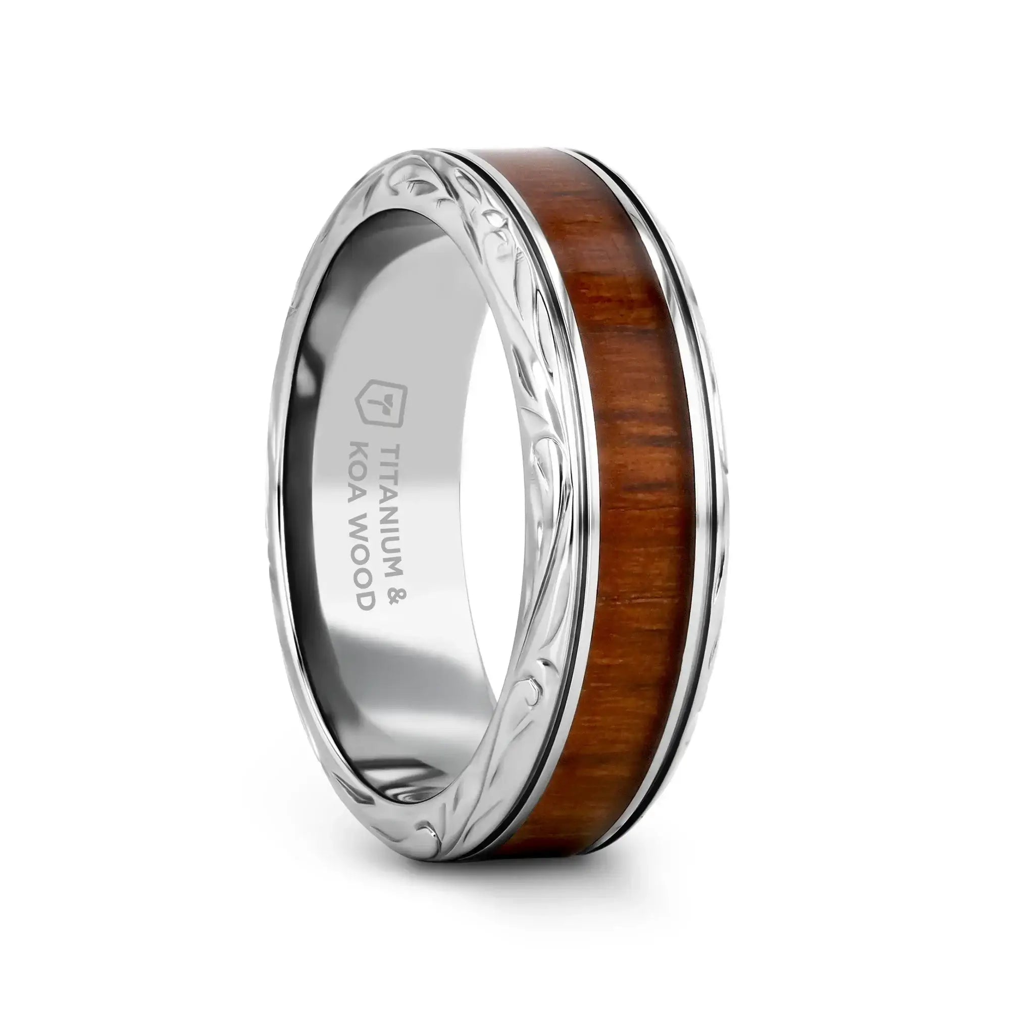 OHANA Koa Wood Inlaid Titanium Men's Wedding Ring with Intricate