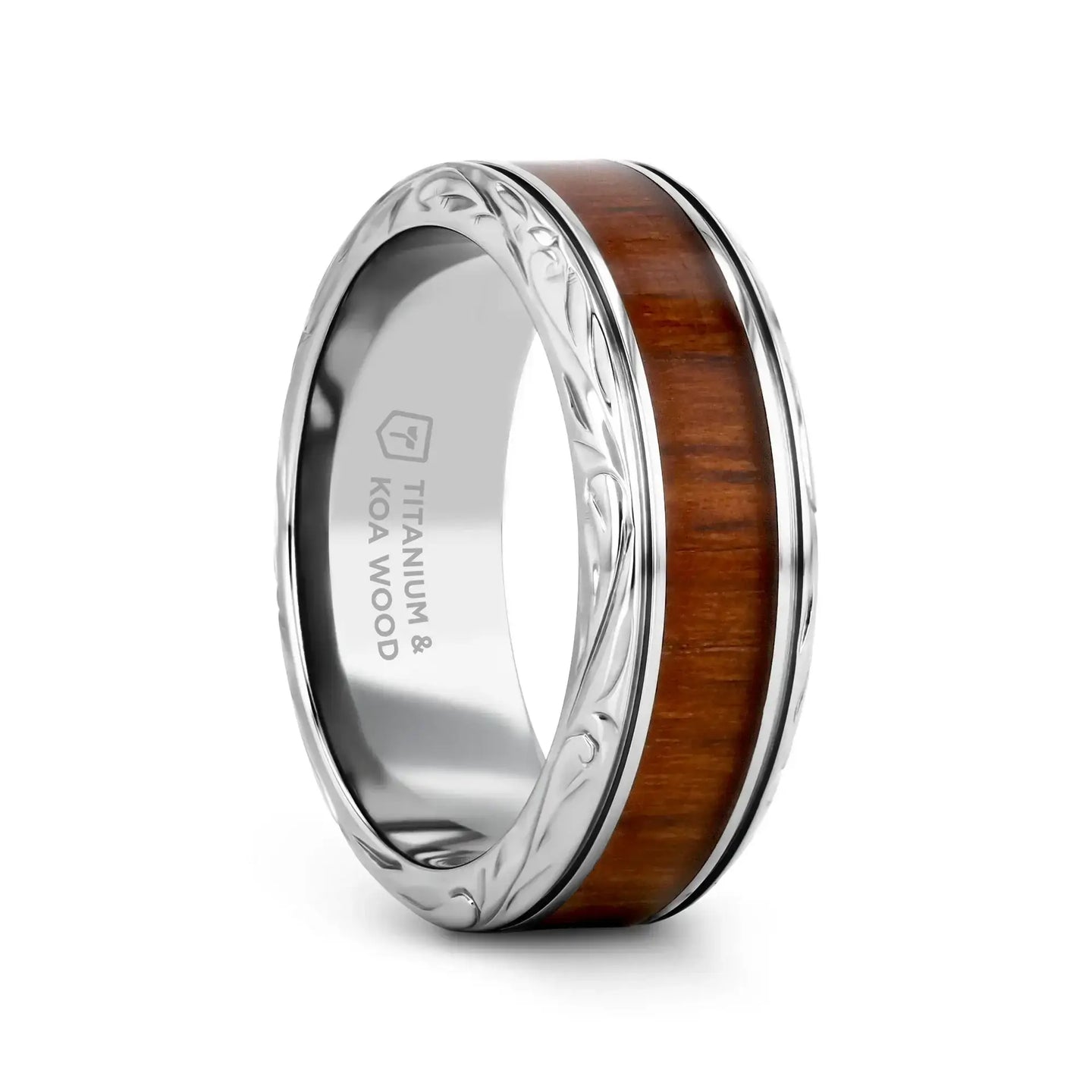 OHANA Koa Wood Inlaid Titanium Men’s Wedding Ring with Intricate Edges - 6mm - 10mm - Larson Jewelers