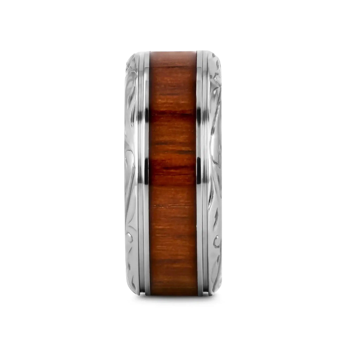 OHANA Koa Wood Inlaid Titanium Men’s Wedding Ring with Intricate Edges - 6mm - 10mm - Larson Jewelers