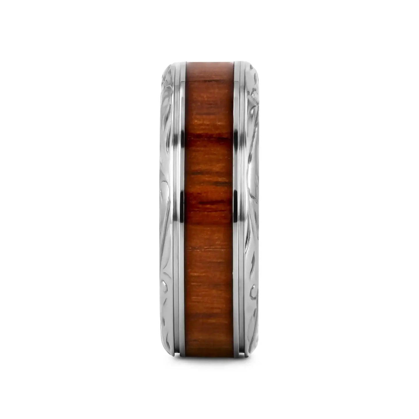 OHANA Koa Wood Inlaid Titanium Men’s Wedding Ring with Intricate Edges - 6mm - 10mm - Larson Jewelers