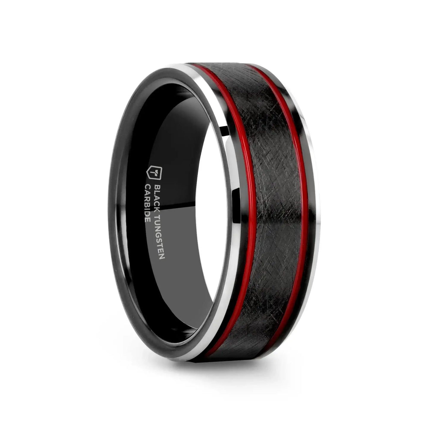 OLIS Wire Finish Black Tungsten Men’s Wedding Band with Double Red Stripes, Polished Beveled Edges – 8mm - Larson Jewelers