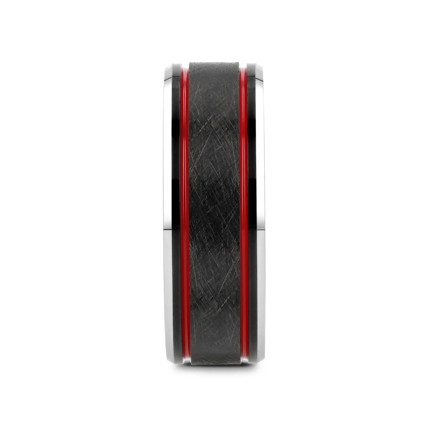 OLIS Wire Finish Black Tungsten Men’s Wedding Band with Double Red Stripes, Polished Beveled Edges – 8mm - Larson Jewelers