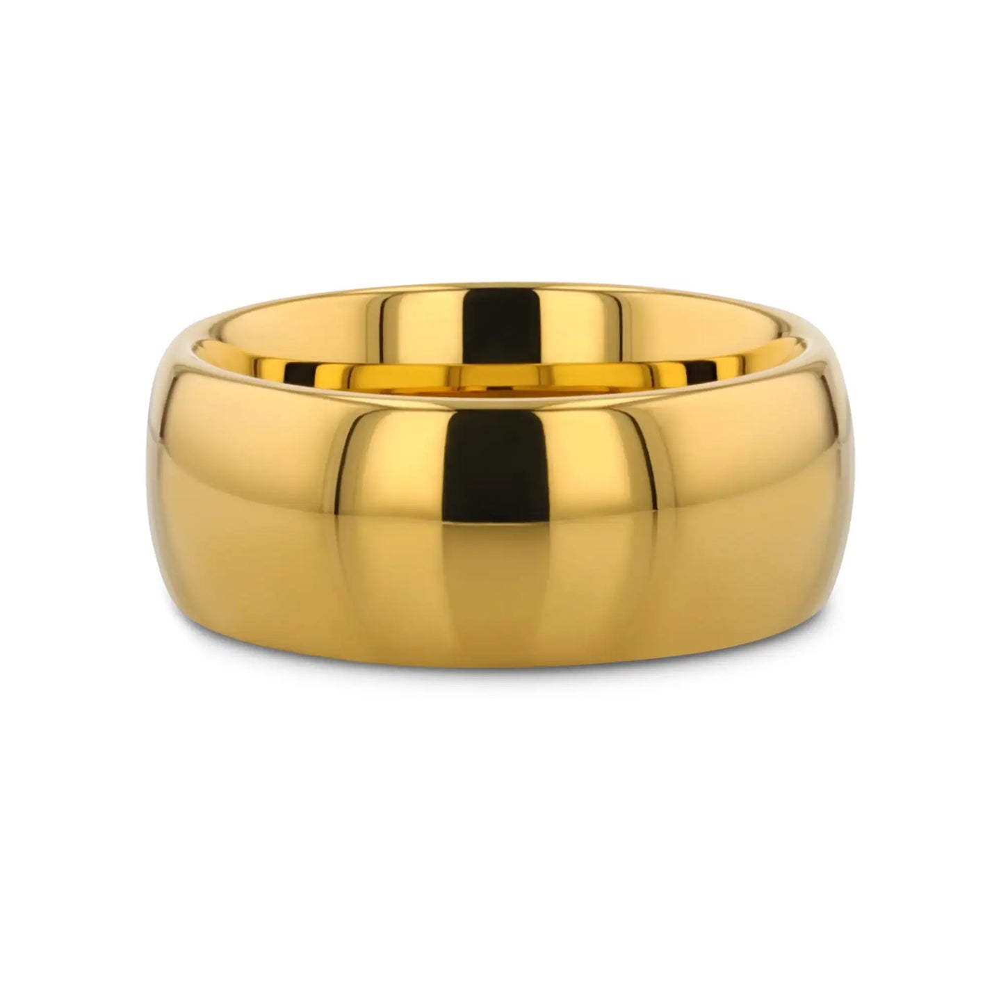 Two stacked views of the gold-plated domed tungsten carbide bands showing width and reflective finish.