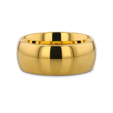 Two stacked views of the gold-plated domed tungsten carbide bands showing width and reflective finish.